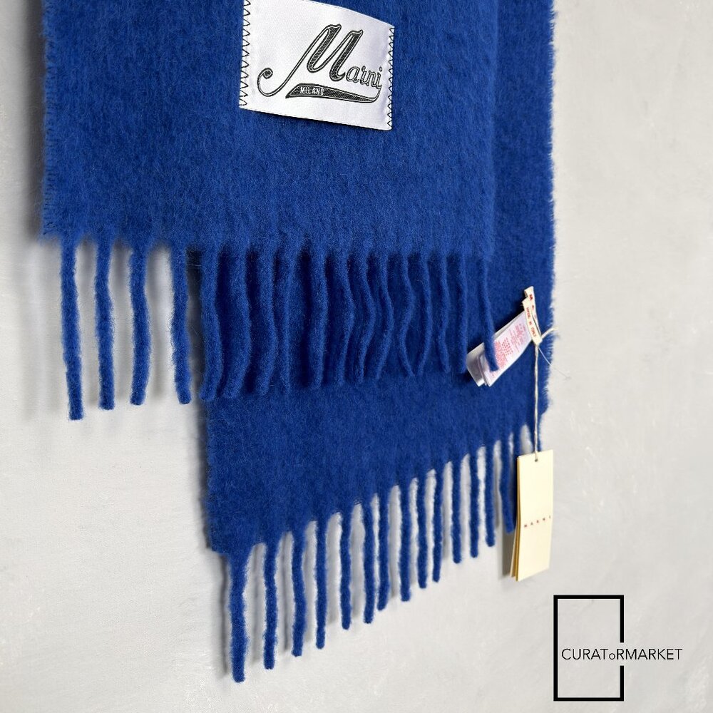 Marni: Embroidered Logo Alpaca Felted Wool Classic Blue Scarf FW26 - Picture 5 of 10